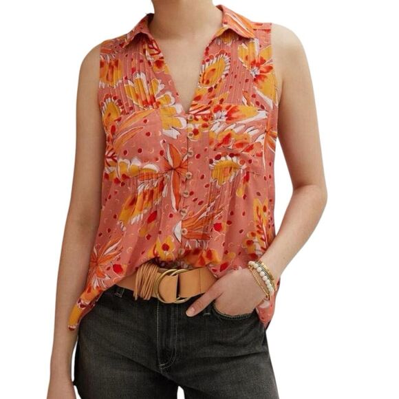 Anthropologie x Vera Mod Floral Sleeveless Top Orange Pintucked Relaxed Nice XS - Picture 1 of 9
